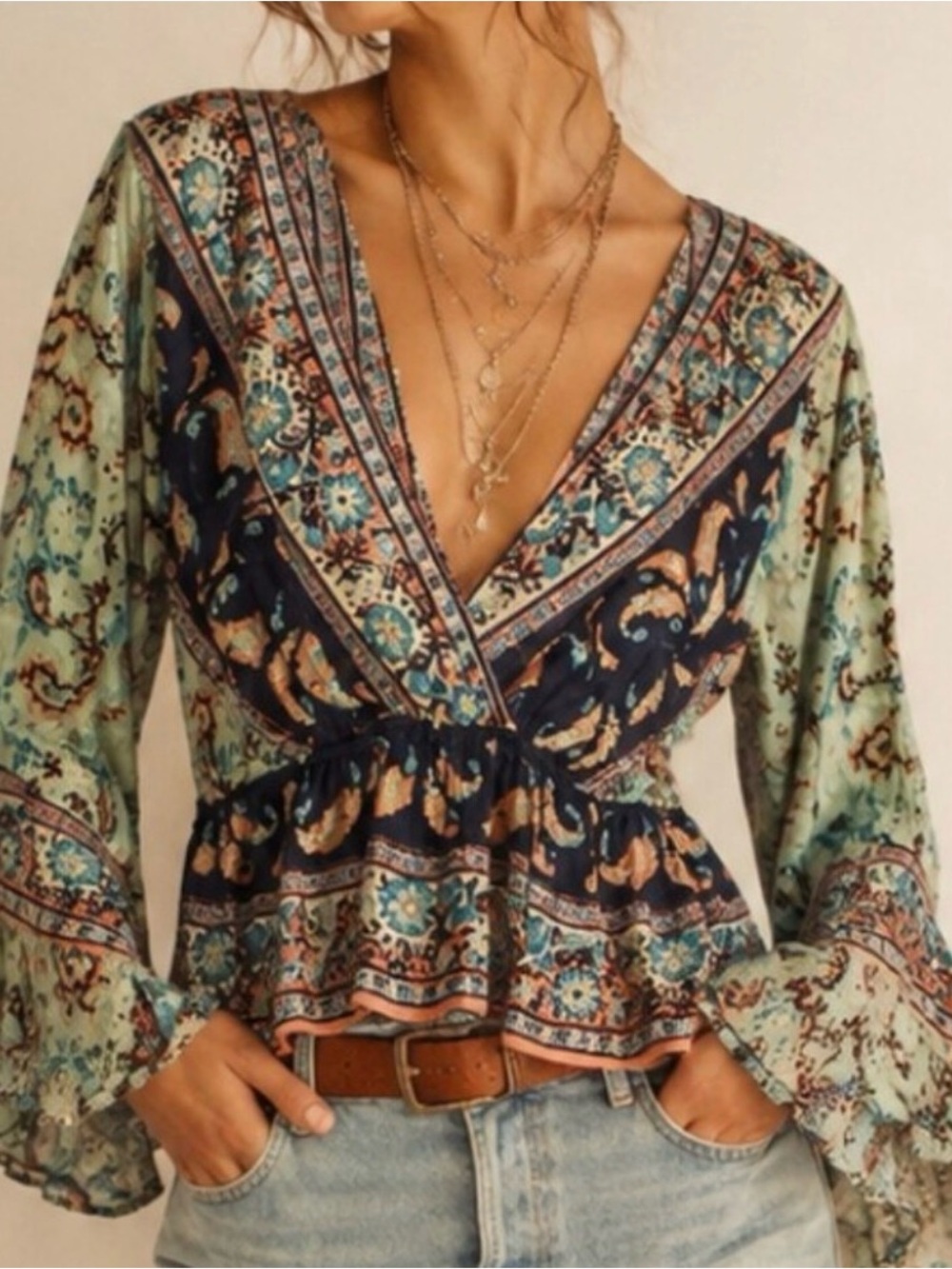 #851 FREE PEOPLE Boho Green Pink Paisley Floral Bell Sleeve Peplum Blouse NWOT